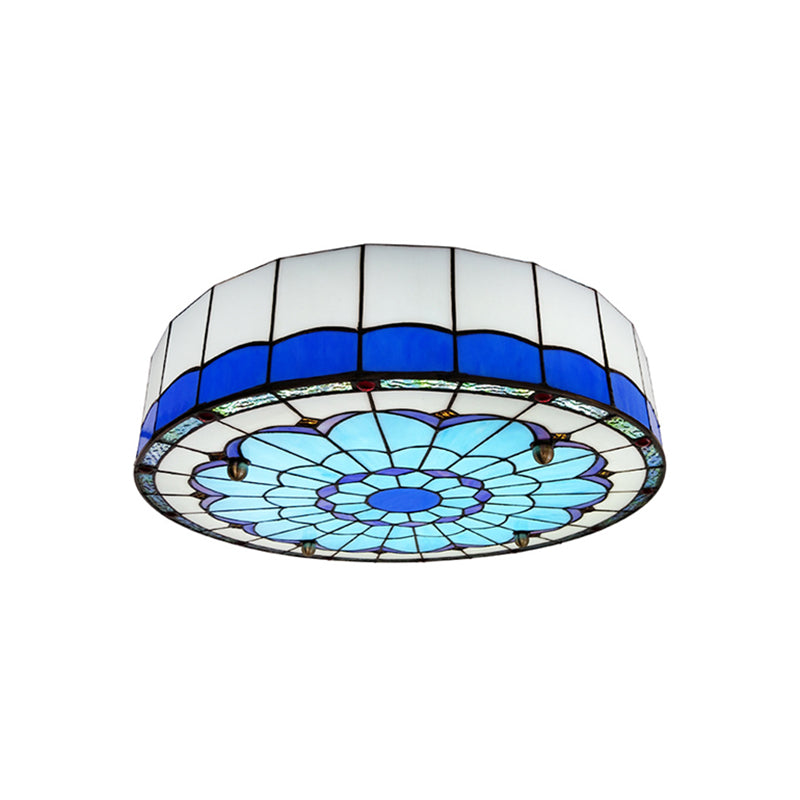 Drum Ceiling Mount Light Mediterranean Stained Glass Flush Mount Fixture for Bedroom Blue 19.5" Clearhalo 'Ceiling Lights' 'Close To Ceiling Lights' 'Close to ceiling' 'Flush mount' Lighting' 2556666