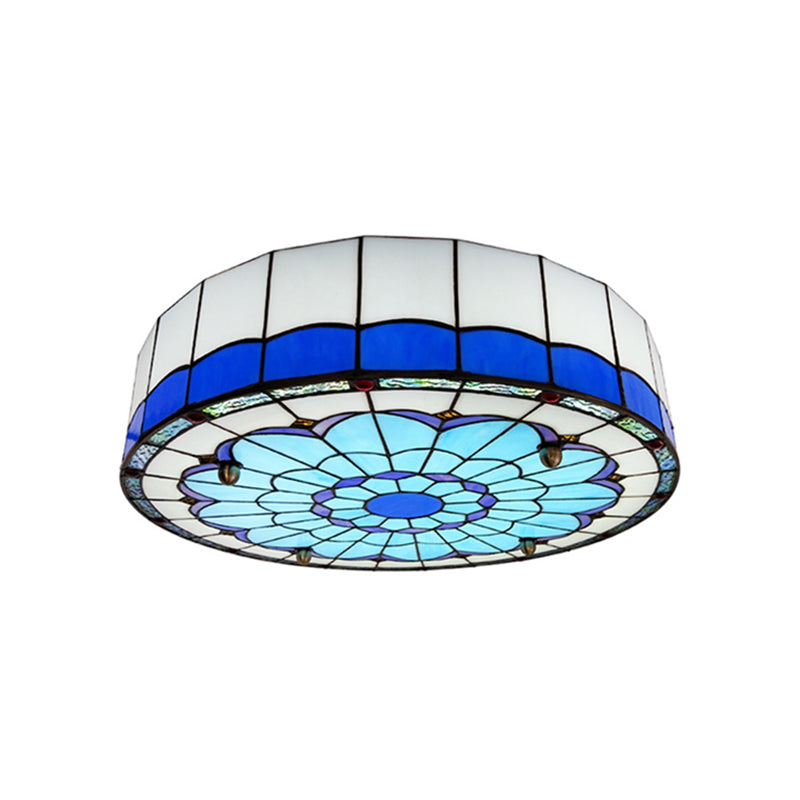 Drum Ceiling Mount Light Mediterranean Stained Glass Flush Mount Fixture for Bedroom - Blue - 23.5" - Clearhalo - 'Ceiling Lights' - 'Close To Ceiling Lights' - 'Close to ceiling' - 'Flush mount' - Lighting' - 2556667