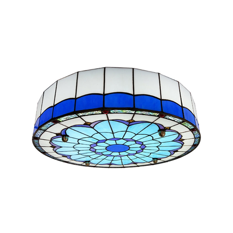 Drum Ceiling Mount Light Mediterranean Stained Glass Flush Mount Fixture for Bedroom - Blue - 31.5" - Clearhalo - 'Ceiling Lights' - 'Close To Ceiling Lights' - 'Close to ceiling' - 'Flush mount' - Lighting' - 2556670