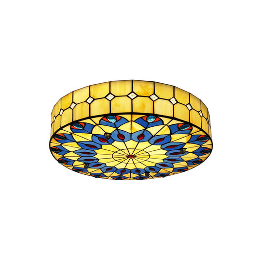 Drum Ceiling Mount Light Mediterranean Stained Glass Flush Mount Fixture for Bedroom Yellow 16" Clearhalo 'Ceiling Lights' 'Close To Ceiling Lights' 'Close to ceiling' 'Flush mount' Lighting' 2556674