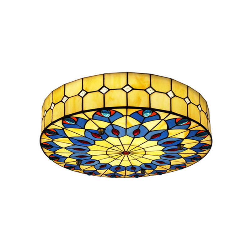 Drum Ceiling Mount Light Mediterranean Stained Glass Flush Mount Fixture for Bedroom - Yellow - 23.5" - Clearhalo - 'Ceiling Lights' - 'Close To Ceiling Lights' - 'Close to ceiling' - 'Flush mount' - Lighting' - 2556678