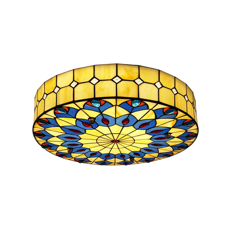 Drum Ceiling Mount Light Mediterranean Stained Glass Flush Mount Fixture for Bedroom - Yellow - 31.5" - Clearhalo - 'Ceiling Lights' - 'Close To Ceiling Lights' - 'Close to ceiling' - 'Flush mount' - Lighting' - 2556679