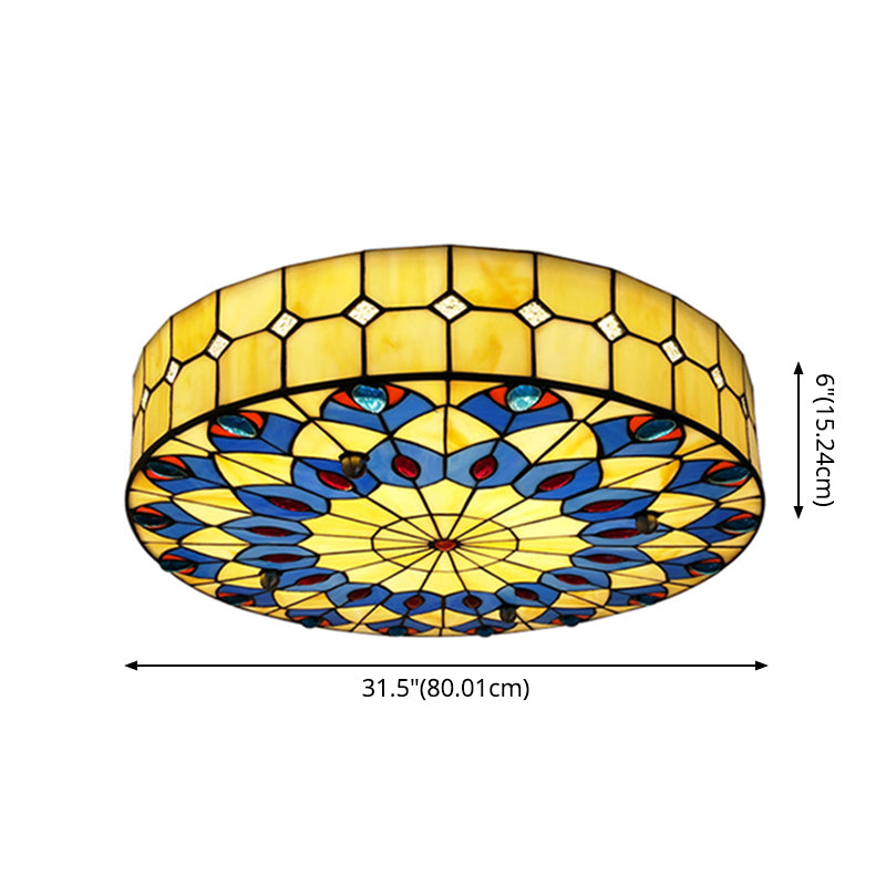 Drum Ceiling Mount Light Mediterranean Stained Glass Flush Mount Fixture for Bedroom - Clearhalo - 'Ceiling Lights' - 'Close To Ceiling Lights' - 'Close to ceiling' - 'Flush mount' - Lighting' - 2556689