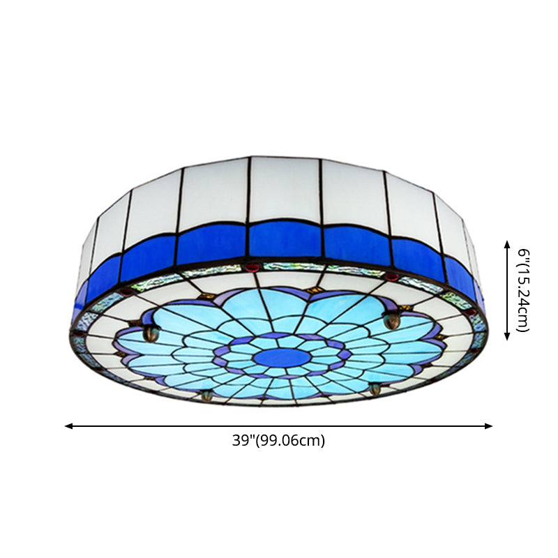 Drum Ceiling Mount Light Mediterranean Stained Glass Flush Mount Fixture for Bedroom - Clearhalo - 'Ceiling Lights' - 'Close To Ceiling Lights' - 'Close to ceiling' - 'Flush mount' - Lighting' - 2556691