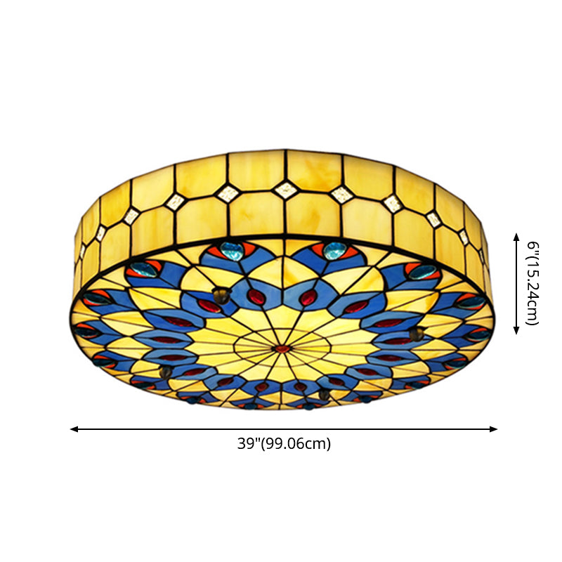 Drum Ceiling Mount Light Mediterranean Stained Glass Flush Mount Fixture for Bedroom - Clearhalo - 'Ceiling Lights' - 'Close To Ceiling Lights' - 'Close to ceiling' - 'Flush mount' - Lighting' - 2556693