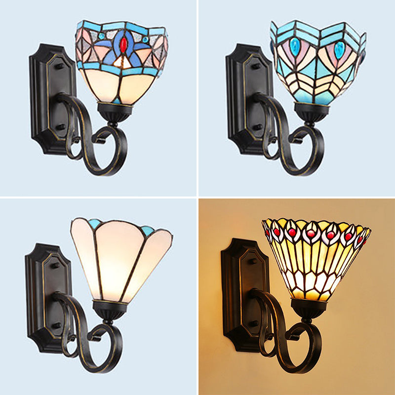 Tiffany Style Mission Wall Mount Fixture Stained Glass 1 Light Wall Sconce in Blue-White/Blue/Beige/White for Stairway Clearhalo 'Industrial' 'Middle century wall lights' 'Tiffany wall lights' 'Tiffany' 'Wall Lamps & Sconces' 'Wall Lights' Lighting' 25567