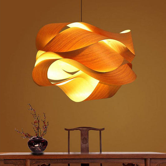 Art Deco Woody Simple Hanging Light Fixtures Irregular Beige Veneer Pendant Light Yellow