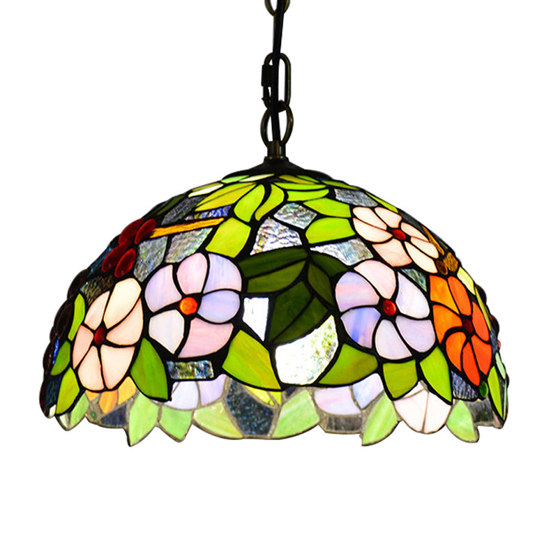 Bowl Pendant Light Tiffany-Style 1 Light Stained Glass Hanging Lamp in Green Green Clearhalo 'Ceiling Lights' 'Industrial' 'Middle Century Pendants' 'Pendant Lights' 'Pendants' 'Tiffany close to ceiling' 'Tiffany Pendants' 'Tiffany' Lighting' 2556789