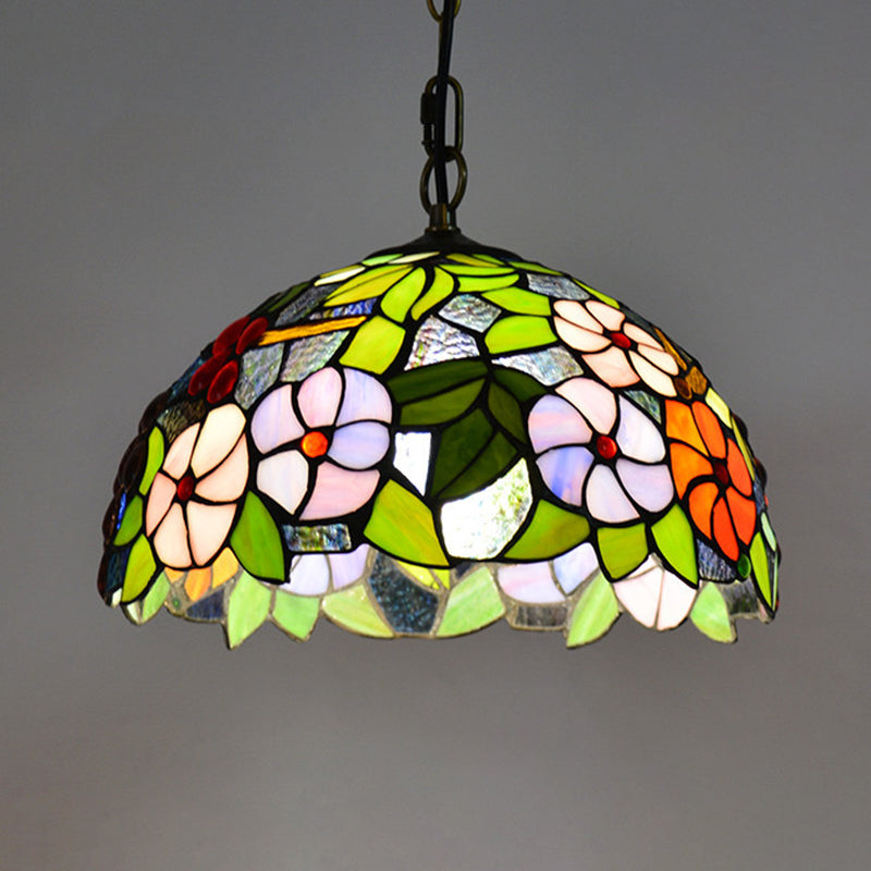 Bowl Pendant Light Tiffany-Style 1 Light Stained Glass Hanging Lamp in Green Clearhalo 'Ceiling Lights' 'Industrial' 'Middle Century Pendants' 'Pendant Lights' 'Pendants' 'Tiffany close to ceiling' 'Tiffany Pendants' 'Tiffany' Lighting' 2556792