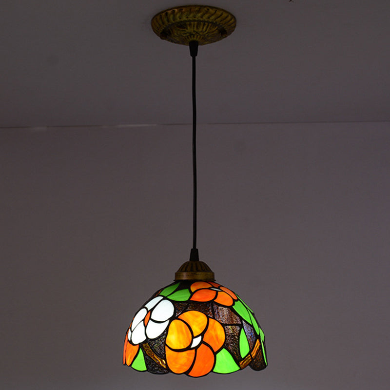 Orange Dome Pendant Light Tiffany Victorian Multicolored Stained Glass Hanging Lamp Clearhalo 'Ceiling Lights' 'Glass shade' 'Glass' 'Industrial' 'Middle Century Pendants' 'Pendant Lights' 'Pendants' 'Tiffany close to ceiling' 'Tiffany Pendants' 'Tiffany' Lighting' 2556799
