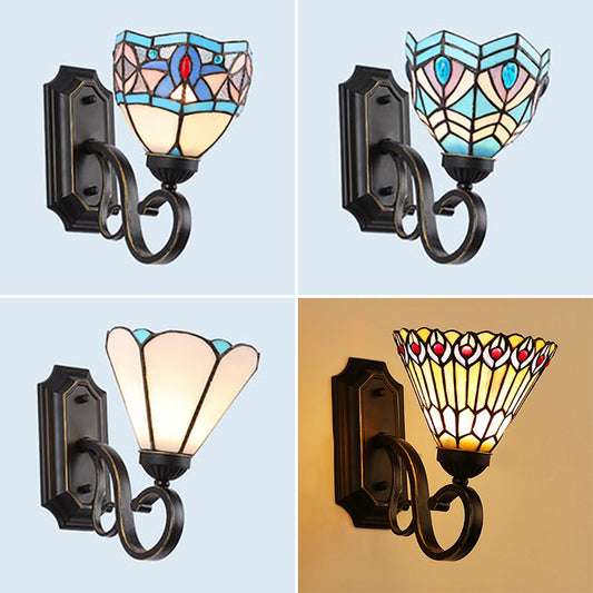 Tiffany Style Mission Wall Mount Fixture Stained Glass 1 Light Wall Sconce in Blue-White/Blue/Beige/White for Stairway Clearhalo 'Industrial' 'Middle century wall lights' 'Tiffany wall lights' 'Tiffany' 'Wall Lamps & Sconces' 'Wall Lights' Lighting' 25567