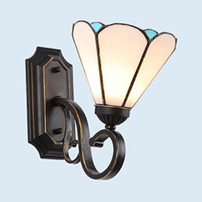 Tiffany Style Mission Wall Mount Fixture Stained Glass 1 Light Wall Sconce in Blue-White/Blue/Beige/White for Stairway Clearhalo 'Industrial' 'Middle century wall lights' 'Tiffany wall lights' 'Tiffany' 'Wall Lamps & Sconces' 'Wall Lights' Lighting' 25568