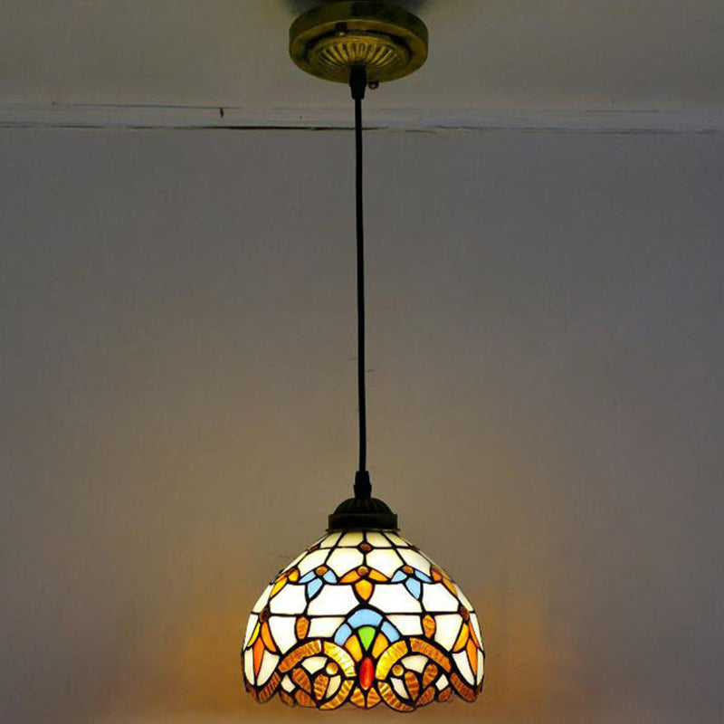 Bowl Pendant Light Tiffany-Style 1 Light Stained Glass Hanging Lamp for Dining Room Beige 8" Clearhalo 'Ceiling Lights' 'Close To Ceiling Lights' 'Glass shade' 'Glass' 'Industrial' 'Middle Century Pendants' 'Pendant Lights' 'Pendants' 'Tiffany close to ceiling' 'Tiffany Pendants' 'Tiffany' Lighting' 2556816