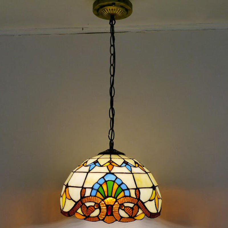 Bowl Pendant Light Tiffany-Style 1 Light Stained Glass Hanging Lamp for Dining Room Beige 12" Clearhalo 'Ceiling Lights' 'Close To Ceiling Lights' 'Glass shade' 'Glass' 'Industrial' 'Middle Century Pendants' 'Pendant Lights' 'Pendants' 'Tiffany close to ceiling' 'Tiffany Pendants' 'Tiffany' Lighting' 2556817