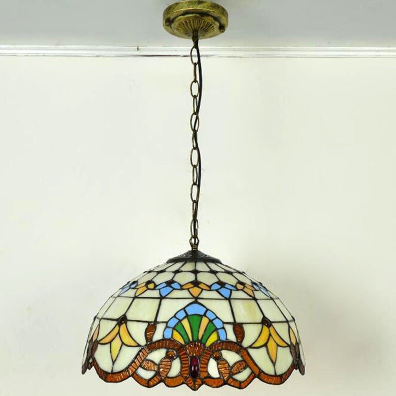 Bowl Pendant Light Tiffany-Style 1 Light Stained Glass Hanging Lamp for Dining Room Beige 16" Clearhalo 'Ceiling Lights' 'Close To Ceiling Lights' 'Glass shade' 'Glass' 'Industrial' 'Middle Century Pendants' 'Pendant Lights' 'Pendants' 'Tiffany close to ceiling' 'Tiffany Pendants' 'Tiffany' Lighting' 2556819