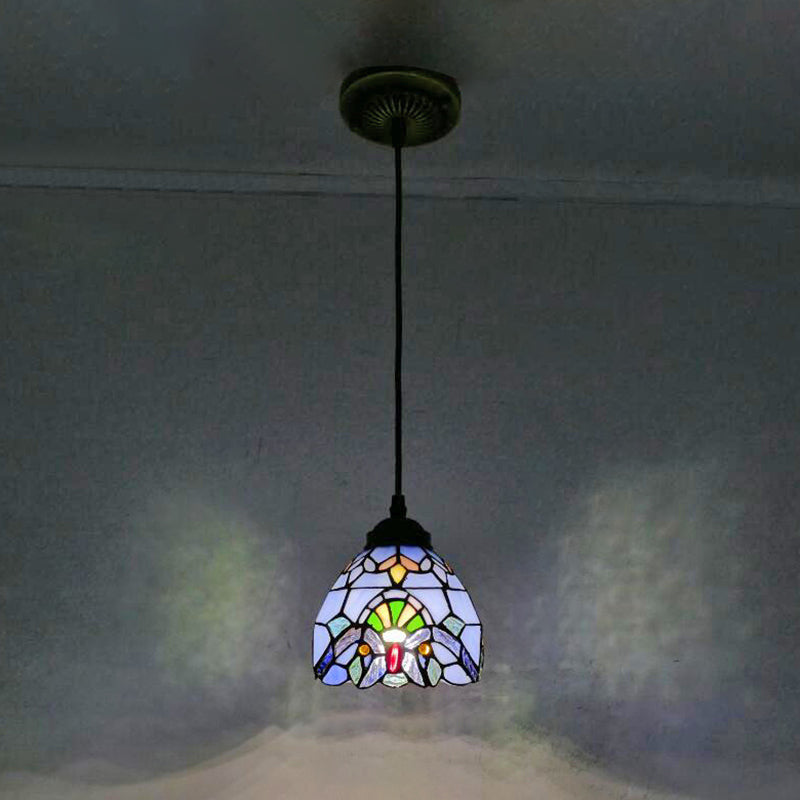 Bowl Pendant Light Tiffany-Style 1 Light Stained Glass Hanging Lamp for Dining Room Blue 6" Clearhalo 'Ceiling Lights' 'Close To Ceiling Lights' 'Glass shade' 'Glass' 'Industrial' 'Middle Century Pendants' 'Pendant Lights' 'Pendants' 'Tiffany close to ceiling' 'Tiffany Pendants' 'Tiffany' Lighting' 2556821