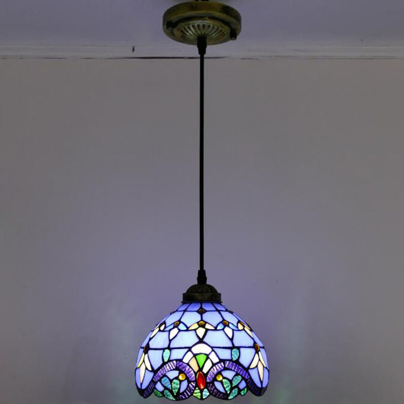 Bowl Pendant Light Tiffany-Style 1 Light Stained Glass Hanging Lamp for Dining Room Blue 8" Clearhalo 'Ceiling Lights' 'Close To Ceiling Lights' 'Glass shade' 'Glass' 'Industrial' 'Middle Century Pendants' 'Pendant Lights' 'Pendants' 'Tiffany close to ceiling' 'Tiffany Pendants' 'Tiffany' Lighting' 2556823