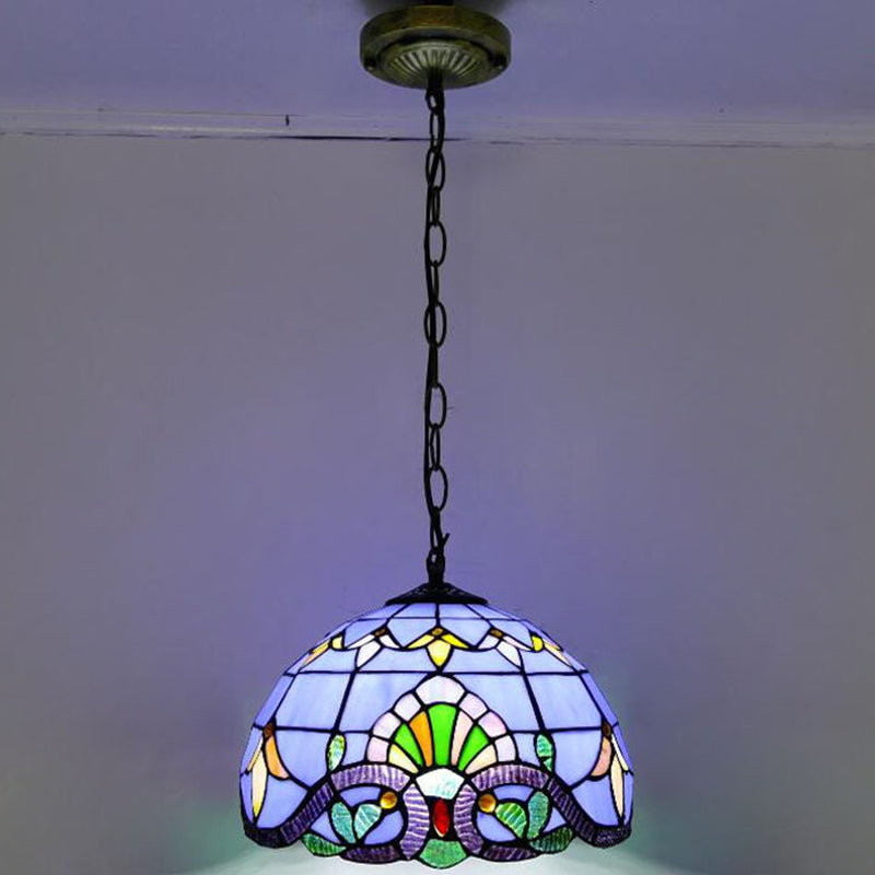 Bowl Pendant Light Tiffany-Style 1 Light Stained Glass Hanging Lamp for Dining Room Blue 12" Clearhalo 'Ceiling Lights' 'Close To Ceiling Lights' 'Glass shade' 'Glass' 'Industrial' 'Middle Century Pendants' 'Pendant Lights' 'Pendants' 'Tiffany close to ceiling' 'Tiffany Pendants' 'Tiffany' Lighting' 2556825