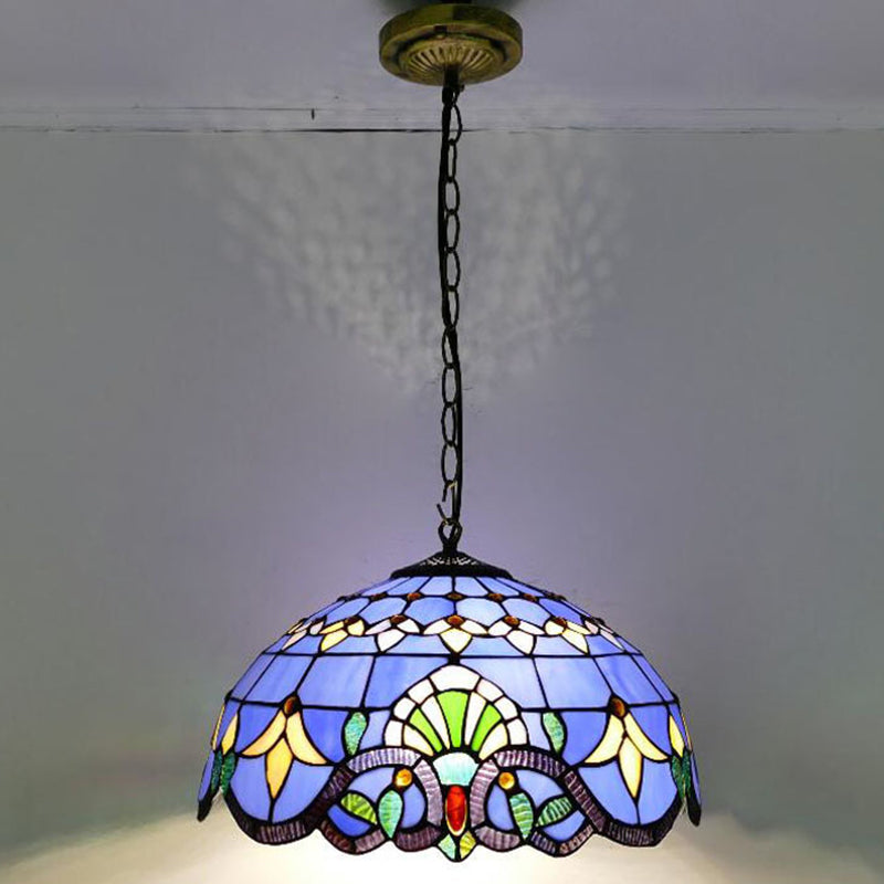 Bowl Pendant Light Tiffany-Style 1 Light Stained Glass Hanging Lamp for Dining Room Blue 16" Clearhalo 'Ceiling Lights' 'Close To Ceiling Lights' 'Glass shade' 'Glass' 'Industrial' 'Middle Century Pendants' 'Pendant Lights' 'Pendants' 'Tiffany close to ceiling' 'Tiffany Pendants' 'Tiffany' Lighting' 2556827