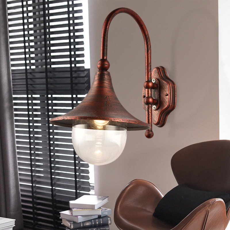 Flared Shade Metal Wall Lamp Industrial 1 Light Balcony Wall Mount Light with Clear Glass Shade in Black/Rust Finish Clearhalo 'Art deco wall lights' 'Cast Iron' 'Glass' 'Industrial wall lights' 'Industrial' 'Middle century wall lights' 'Modern' 'Rustic wall lights' 'Tiffany' 'Traditional wall lights' 'Wall Lamps & Sconces' 'Wall Lights' Lighting' 255683