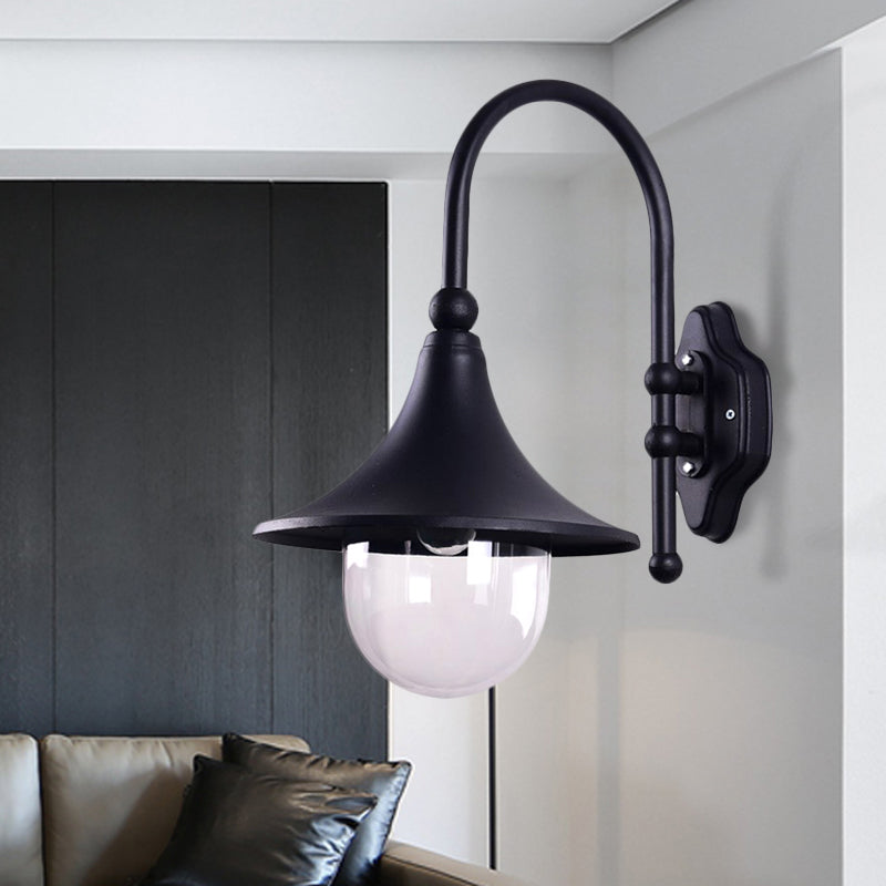 Flared Shade Metal Wall Lamp Industrial 1 Light Balcony Wall Mount Light with Clear Glass Shade in Black/Rust Finish Clearhalo 'Art deco wall lights' 'Cast Iron' 'Glass' 'Industrial wall lights' 'Industrial' 'Middle century wall lights' 'Modern' 'Rustic wall lights' 'Tiffany' 'Traditional wall lights' 'Wall Lamps & Sconces' 'Wall Lights' Lighting' 255685