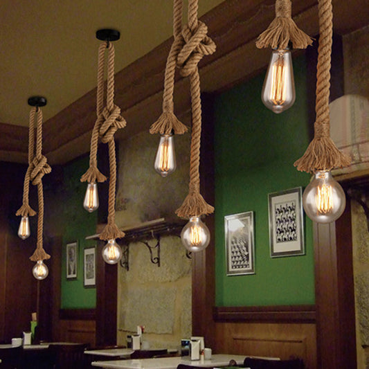 Exposed Bulb Natural Rope Pendant Light Vintage Industrial Restaurant Hanging Light Fixtures 2 Beige Clearhalo 'Ceiling Lights' 'Industrial Pendants' 'Industrial' 'Middle Century Pendants' 'Pendant Lights' 'Pendants' 'Tiffany' Lighting' 2556853