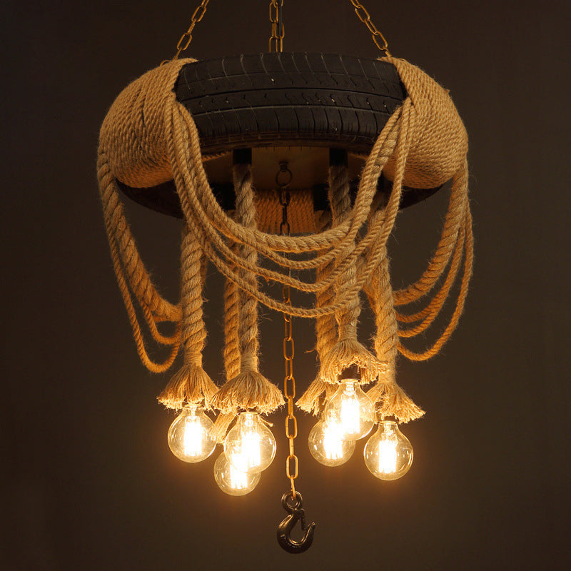 Black Automobile Tire Pendant Light Retro Industrial Rope Suspension Light for Restaurant Black Clearhalo 'Ceiling Lights' 'Chandeliers' 'Industrial Chandeliers' 'Industrial' 'Middle Century Chandeliers' 'Tiffany' Lighting' 2556902