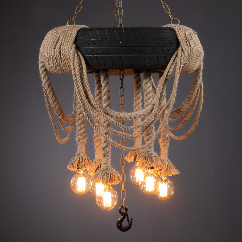 Black Automobile Tire Pendant Light Retro Industrial Rope Suspension Light for Restaurant Clearhalo 'Ceiling Lights' 'Chandeliers' 'Industrial Chandeliers' 'Industrial' 'Middle Century Chandeliers' 'Tiffany' Lighting' 2556903