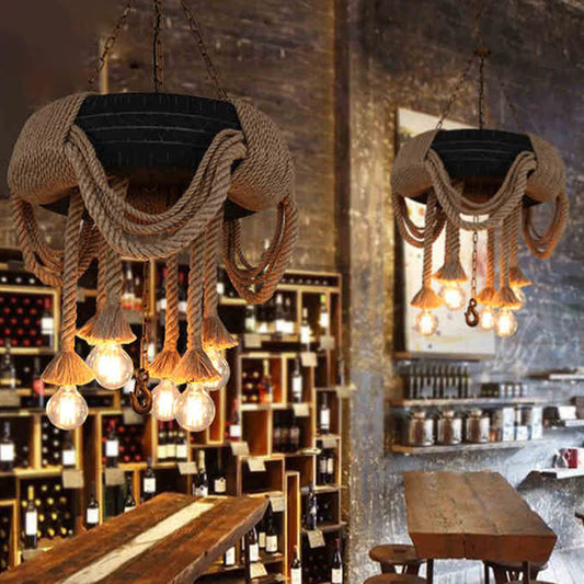 Black Automobile Tire Pendant Light Retro Industrial Rope Suspension Light for Restaurant Clearhalo 'Ceiling Lights' 'Chandeliers' 'Industrial Chandeliers' 'Industrial' 'Middle Century Chandeliers' 'Tiffany' Lighting' 2556904