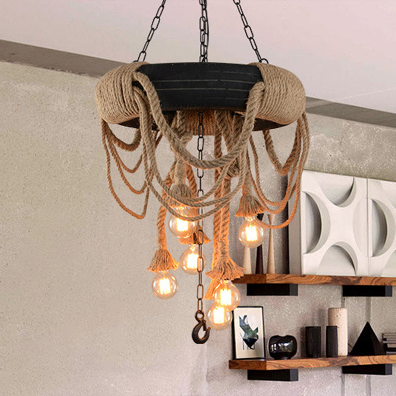 Black Automobile Tire Pendant Light Retro Industrial Rope Suspension Light for Restaurant Clearhalo 'Ceiling Lights' 'Chandeliers' 'Industrial Chandeliers' 'Industrial' 'Middle Century Chandeliers' 'Tiffany' Lighting' 2556906