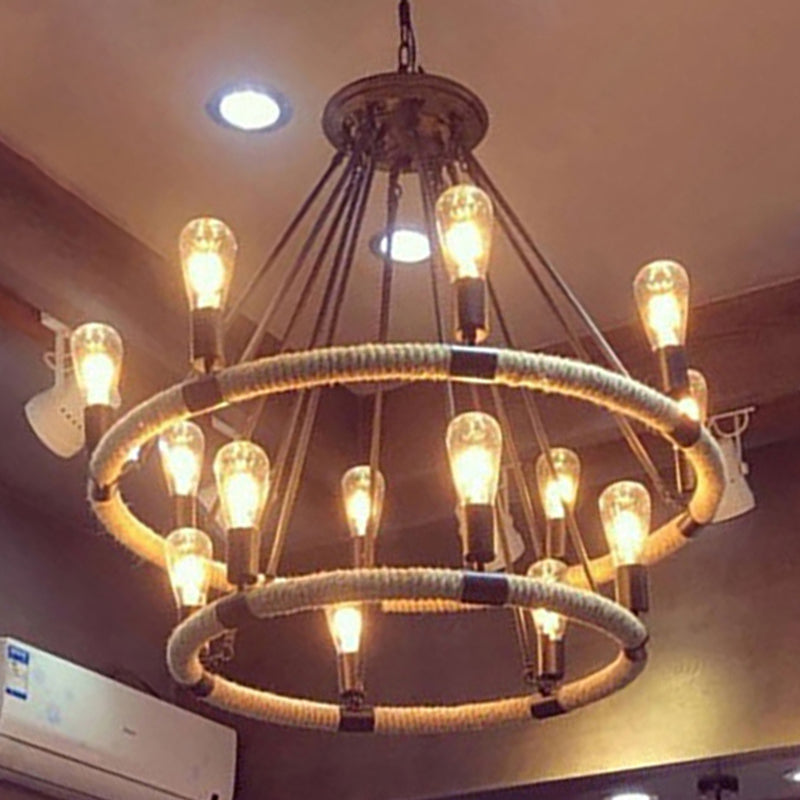 Black Metal Iron Frame Chandelier Retro Industrial Rope Circular Suspension Light for Dining Room Table Clearhalo 'Ceiling Lights' 'Chandeliers' 'Industrial Chandeliers' 'Industrial' 'Middle Century Chandeliers' 'Tiffany' Lighting' 2556907