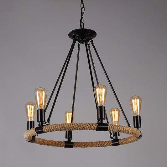 Black Metal Iron Frame Chandelier Retro Industrial Rope Circular Suspension Light for Dining Room Table 6 Black Clearhalo 'Ceiling Lights' 'Chandeliers' 'Industrial Chandeliers' 'Industrial' 'Middle Century Chandeliers' 'Tiffany' Lighting' 2556908