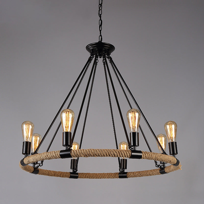 Black Metal Iron Frame Chandelier Retro Industrial Rope Circular Suspension Light for Dining Room Table 8 Black Clearhalo 'Ceiling Lights' 'Chandeliers' 'Industrial Chandeliers' 'Industrial' 'Middle Century Chandeliers' 'Tiffany' Lighting' 2556909