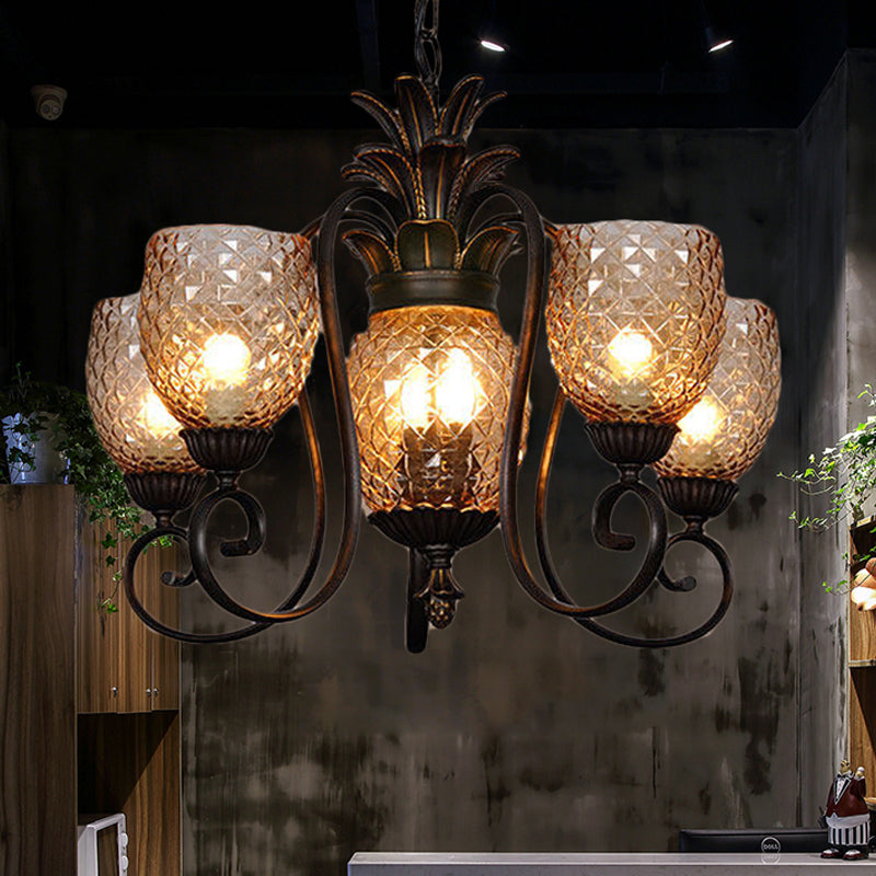 5/7 Lights Bedroom Ceiling Lamp Traditional Black Chandelier Pendant Light with Cup Frosted Prismatic Glass Shade 7 Black Clearhalo 'Ceiling Lights' 'Chandeliers' 'Glass shade' 'Glass' Lighting' 255691