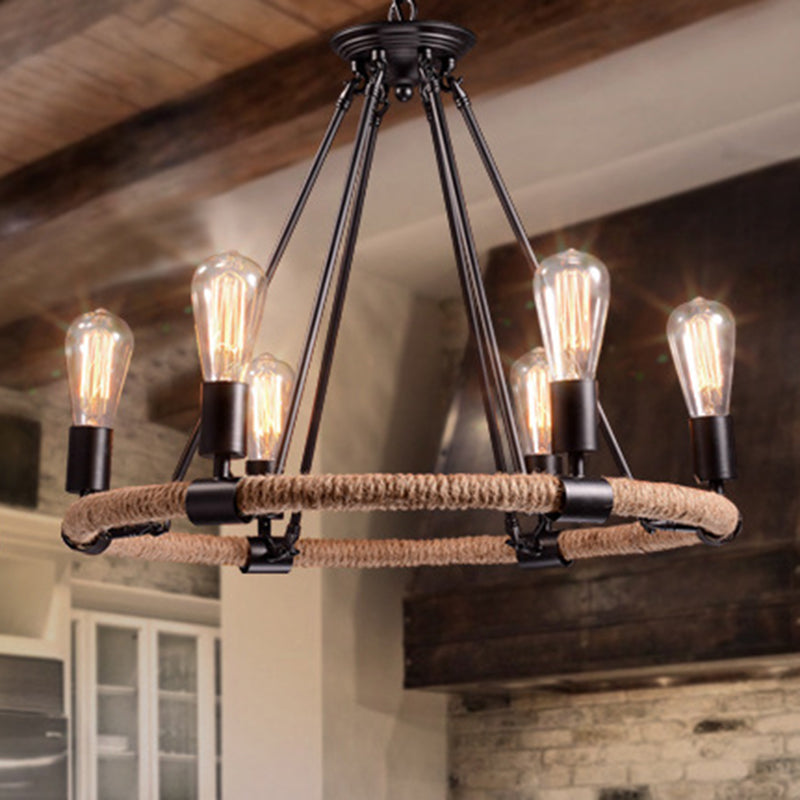 Black Metal Iron Frame Chandelier Retro Industrial Rope Circular Suspension Light for Dining Room Table Clearhalo 'Ceiling Lights' 'Chandeliers' 'Industrial Chandeliers' 'Industrial' 'Middle Century Chandeliers' 'Tiffany' Lighting' 2556910