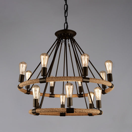 Black Metal Iron Frame Chandelier Retro Industrial Rope Circular Suspension Light for Dining Room Table 14 Black Clearhalo 'Ceiling Lights' 'Chandeliers' 'Industrial Chandeliers' 'Industrial' 'Middle Century Chandeliers' 'Tiffany' Lighting' 2556911