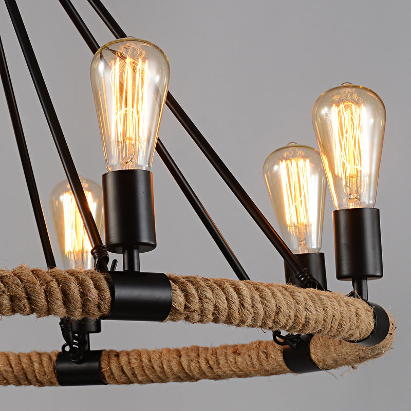 Black Metal Iron Frame Chandelier Retro Industrial Rope Circular Suspension Light for Dining Room Table Clearhalo 'Ceiling Lights' 'Chandeliers' 'Industrial Chandeliers' 'Industrial' 'Middle Century Chandeliers' 'Tiffany' Lighting' 2556913