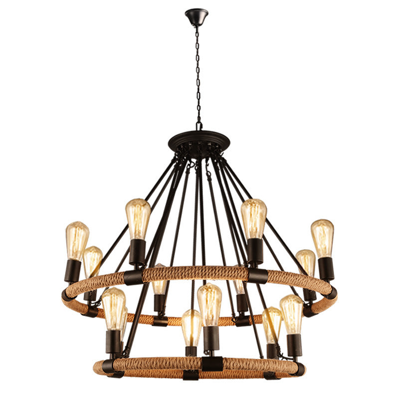 Black Metal Iron Frame Chandelier Retro Industrial Rope Circular Suspension Light for Dining Room Table Clearhalo 'Ceiling Lights' 'Chandeliers' 'Industrial Chandeliers' 'Industrial' 'Middle Century Chandeliers' 'Tiffany' Lighting' 2556914