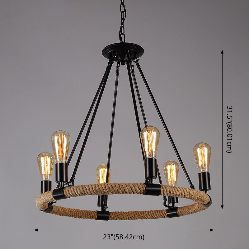 Black Metal Iron Frame Chandelier Retro Industrial Rope Circular Suspension Light for Dining Room Table Clearhalo 'Ceiling Lights' 'Chandeliers' 'Industrial Chandeliers' 'Industrial' 'Middle Century Chandeliers' 'Tiffany' Lighting' 2556915