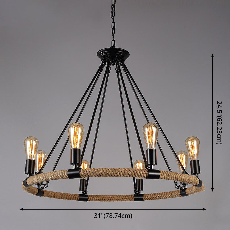 Black Metal Iron Frame Chandelier Retro Industrial Rope Circular Suspension Light for Dining Room Table Clearhalo 'Ceiling Lights' 'Chandeliers' 'Industrial Chandeliers' 'Industrial' 'Middle Century Chandeliers' 'Tiffany' Lighting' 2556916