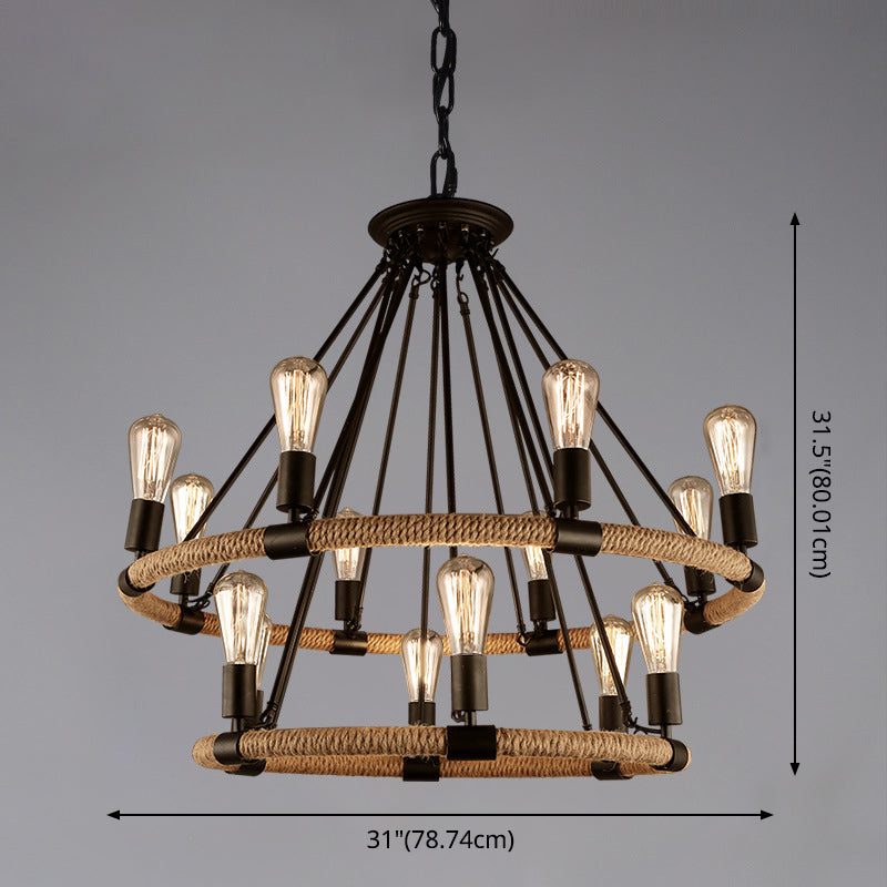 Black Metal Iron Frame Chandelier Retro Industrial Rope Circular Suspension Light for Dining Room Table Clearhalo 'Ceiling Lights' 'Chandeliers' 'Industrial Chandeliers' 'Industrial' 'Middle Century Chandeliers' 'Tiffany' Lighting' 2556917