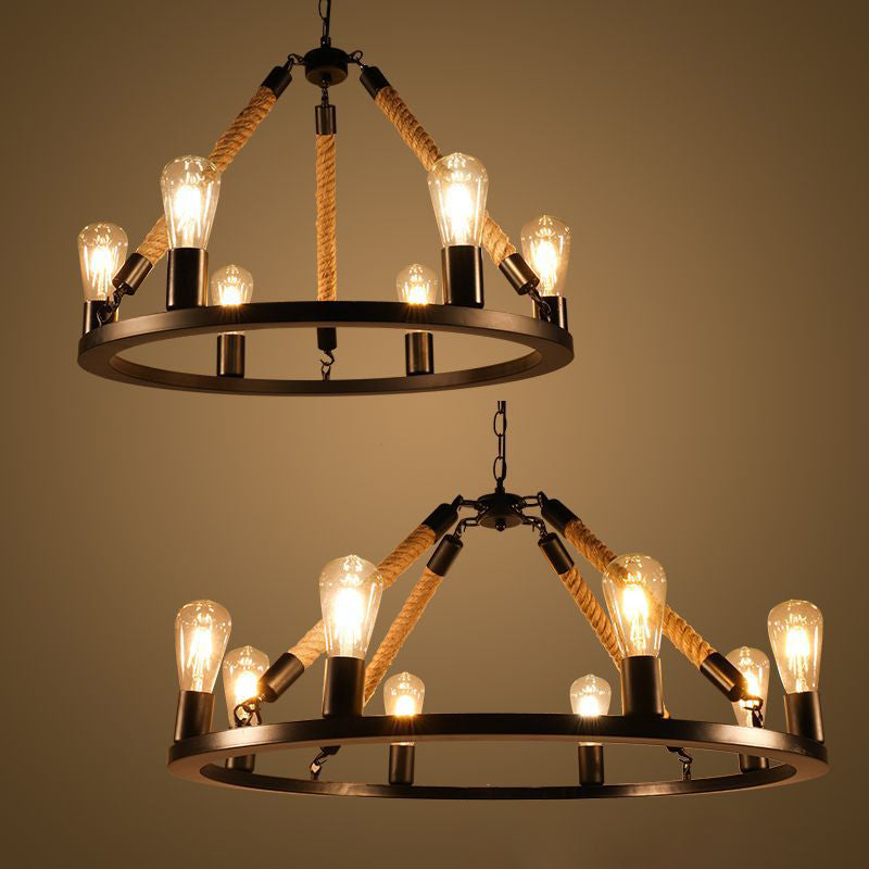 Industrial Art Rope Hanging Chandelier Light Circular Black Metal Exposed Bulb Drop Lamp Clearhalo 'Ceiling Lights' 'Chandeliers' 'Industrial Chandeliers' 'Industrial' 'Middle Century Chandeliers' 'Tiffany' Lighting' 2556918