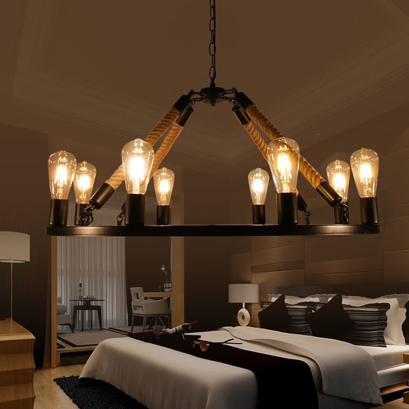 Industrial Art Rope Hanging Chandelier Light Circular Black Metal Exposed Bulb Drop Lamp Clearhalo 'Ceiling Lights' 'Chandeliers' 'Industrial Chandeliers' 'Industrial' 'Middle Century Chandeliers' 'Tiffany' Lighting' 2556922