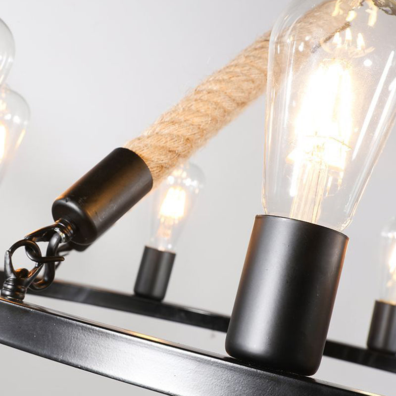 Industrial Art Rope Hanging Chandelier Light Circular Black Metal Exposed Bulb Drop Lamp Clearhalo 'Ceiling Lights' 'Chandeliers' 'Industrial Chandeliers' 'Industrial' 'Middle Century Chandeliers' 'Tiffany' Lighting' 2556923