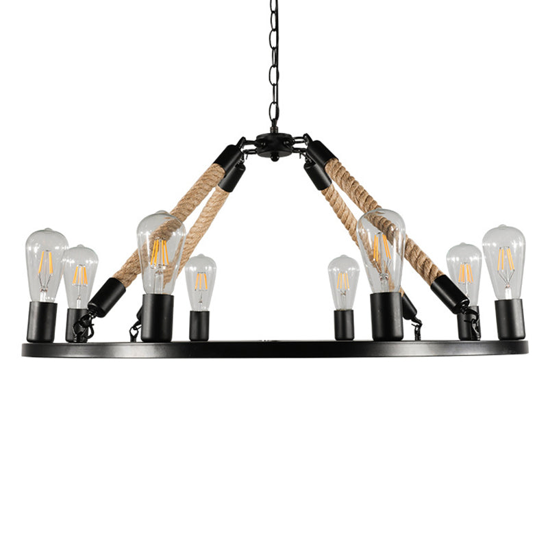 Industrial Art Rope Hanging Chandelier Light Circular Black Metal Exposed Bulb Drop Lamp Clearhalo 'Ceiling Lights' 'Chandeliers' 'Industrial Chandeliers' 'Industrial' 'Middle Century Chandeliers' 'Tiffany' Lighting' 2556924
