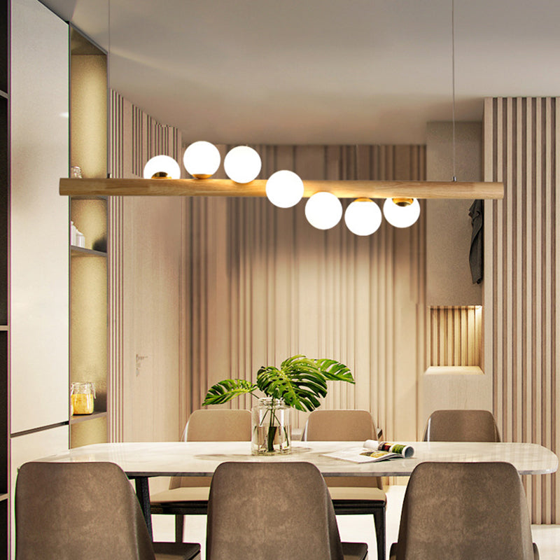 Nordic Linear Wood Island Pendant with Globe Shape Glass Island Light in Beige for Dining Room Clearhalo 'Ceiling Lights' 'Island Lights' Lighting' 2556973