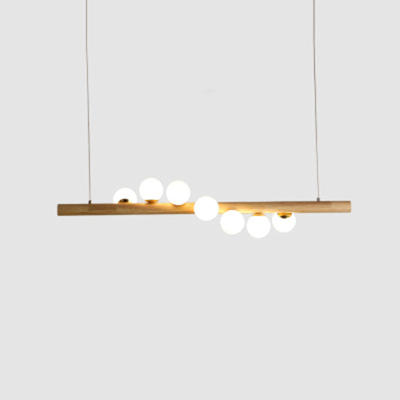 Nordic Linear Wood Island Pendant with Globe Shape Glass Island Light in Beige for Dining Room 7 Wood Clearhalo 'Ceiling Lights' 'Island Lights' Lighting' 2556975