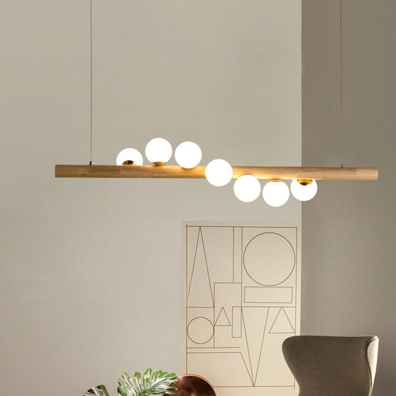 Nordic Linear Wood Island Pendant with Globe Shape Glass Island Light in Beige for Dining Room Clearhalo 'Ceiling Lights' 'Island Lights' Lighting' 2556976