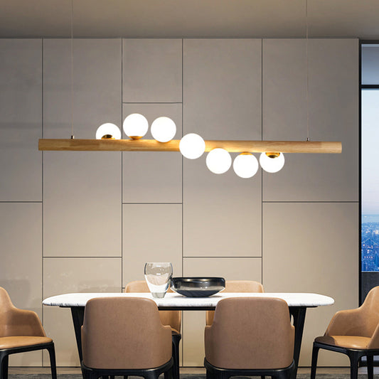 Nordic Linear Wood Island Pendant with Globe Shape Glass Island Light in Beige for Dining Room Clearhalo 'Ceiling Lights' 'Island Lights' Lighting' 2556977