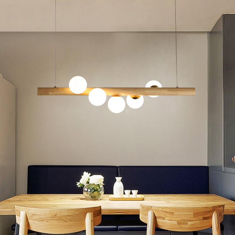 Nordic Linear Wood Island Pendant with Globe Shape Glass Island Light in Beige for Dining Room Clearhalo 'Ceiling Lights' 'Island Lights' Lighting' 2556978
